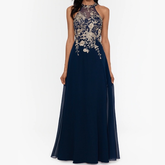 Betsy & Adam -  Celeste Long Embroidered Chiffon Gown - Picture 1 of 14
